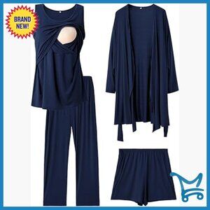 Maternity Nursing Pajama Set, 4-Piece, Medium, Polyester Blend, Hospital Comfort